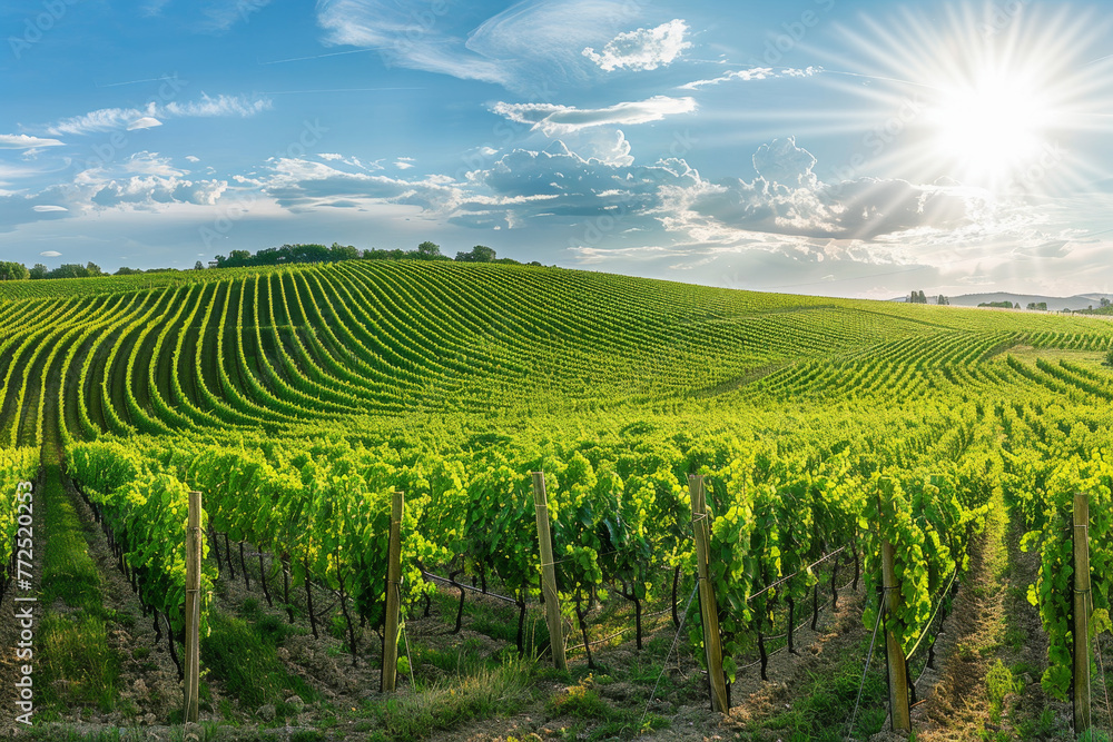 A lush green vineyard with rows of vines