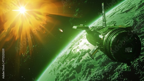 space scene, green planet in foreground, transport space vessel visble nearby, sun in the background photo