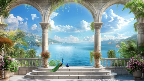 graceful arches, ornate columns, and blooming flowers adorning the stairs, leading to a garden where majestic peacocks roam freely against the backdrop of a tranquil lake view.