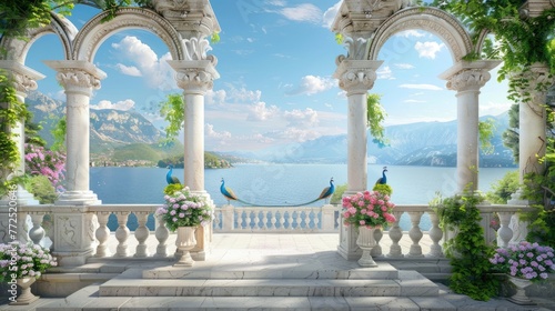 graceful arches, ornate columns, and blooming flowers adorning the stairs, leading to a garden where majestic peacocks roam freely against the backdrop of a tranquil lake view. photo
