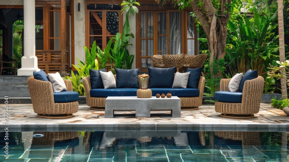 Fototapeta premium an outdoor garden pool or patio adorned with a chic sofa chair set, featuring navy blue cushions atop brown wicker, complemented by a sleek grey fabric table.