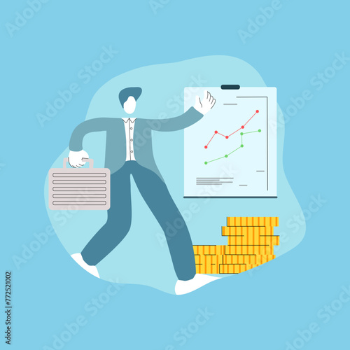 A businessman is standing in front of a graphs board and coins.