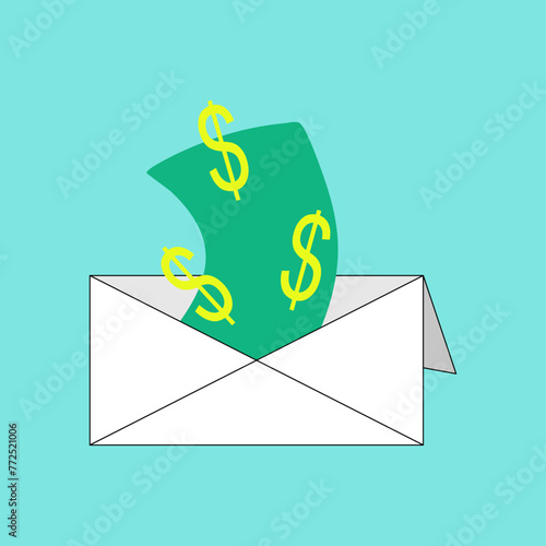 Green papers and dollar signs are bursting out of an envelope.