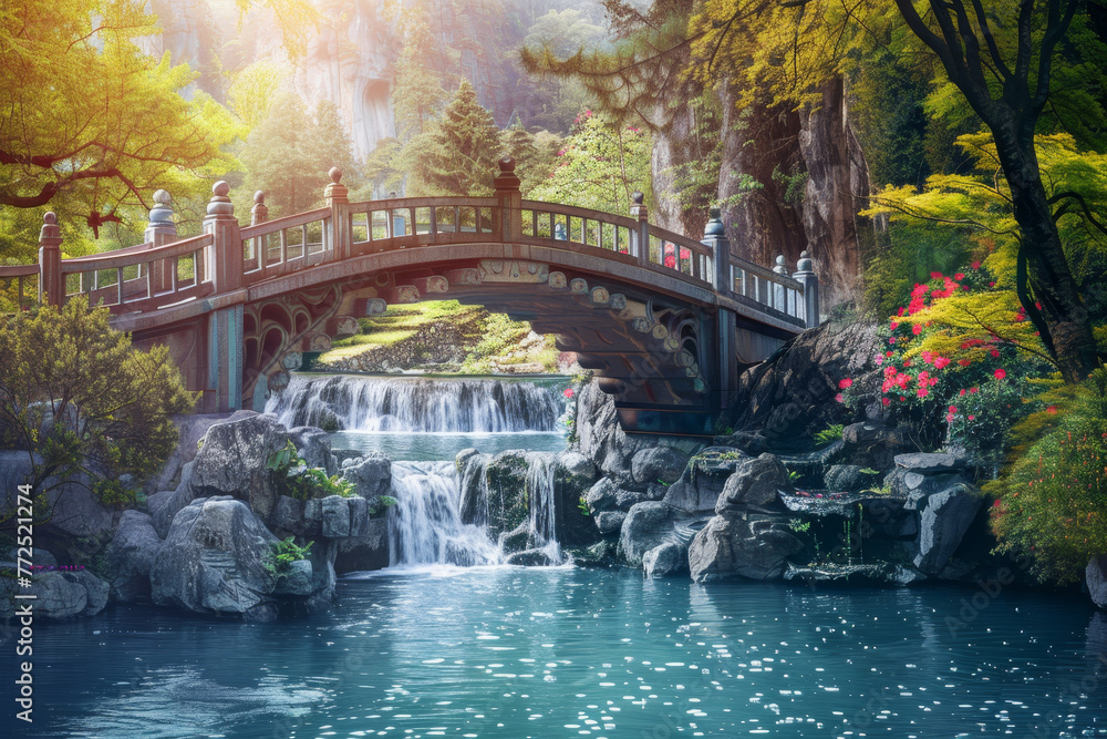 A bridge over a river with a waterfall