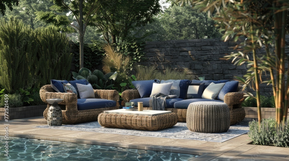 an outdoor garden pool or patio adorned with a chic sofa chair set, featuring navy blue cushions atop brown wicker, complemented by a sleek grey fabric table. an outdoor garden pool or patio adorned with a chic sofa chair set, featuring navy blue cushions atop brown wicker, complemented by a sleek grey fabric table.