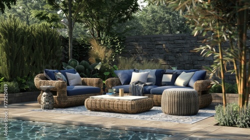 an outdoor garden pool or patio adorned with a chic sofa chair set, featuring navy blue cushions atop brown wicker, complemented by a sleek grey fabric table.