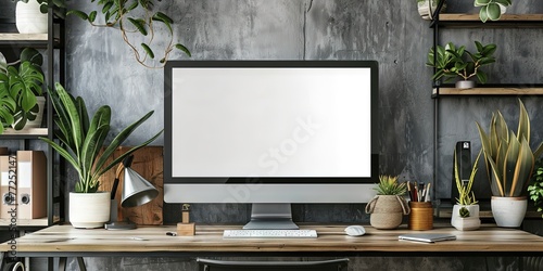 Blank computer monitor on workstation photo