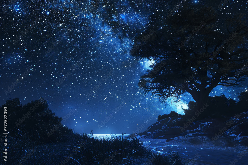 A starry night sky with a tree in the foreground A starry night sky with a tree in the foreground