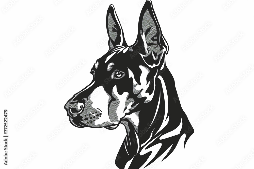 Head of dog, black and white, logo crosshatch pen art in the style, isolated on white background. Animal illustration for sketchbook, books, icon, sketch.