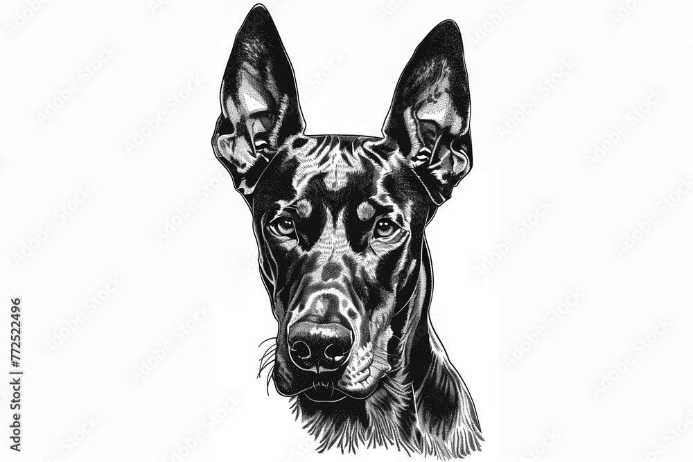 Head of dog, black and white, logo crosshatch pen art in the style, isolated on white background. Animal illustration for sketchbook, books, icon, sketch.