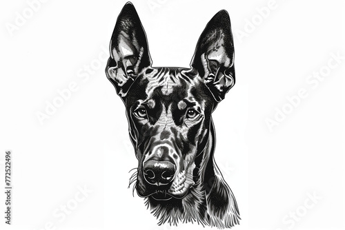 Head of dog, black and white, logo crosshatch pen art in the style, isolated on white background. Animal illustration for sketchbook, books, icon, sketch. © Evgeniya