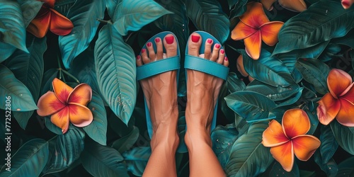 Woman's feet with pedicured toes in sandals with summer background