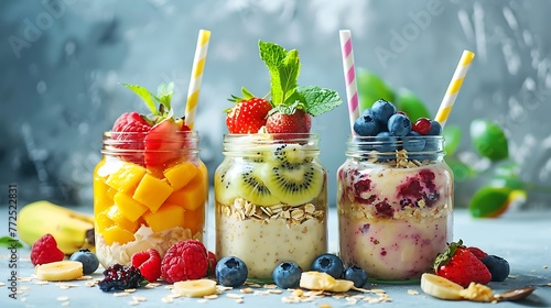 Jars of overnight oats with fresh fruit and topping photo