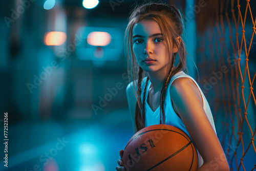 Beautiful Basketball teen female player holding a basket ball posing in basket sports hall.