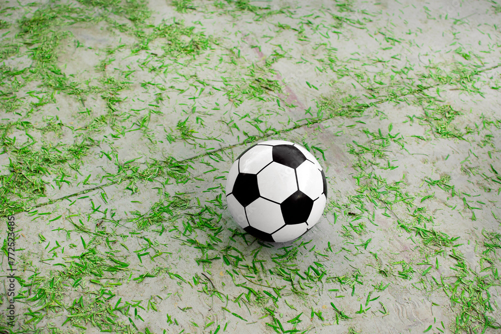 Imagen horizontal de un balón de futbol sobre un suelo de cemento con hojas verdes - obrazy, fototapety, plakaty 