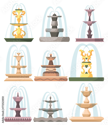 Set of water fountains and water splash. Vintage and modern architecture decor with splashing drops. Outdoor park decoration with architectural elements cartoon vector
