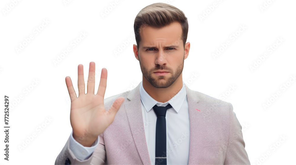 A man in formal wear, with a suit and tie, is using his hand to make a stop gesture. His jaw is set, with a beard peeking out from under his collar on transparent A man in formal wear, with a suit and tie, is using his hand to make a stop gesture. His jaw is set, with a beard peeking out from under his collar on transparent