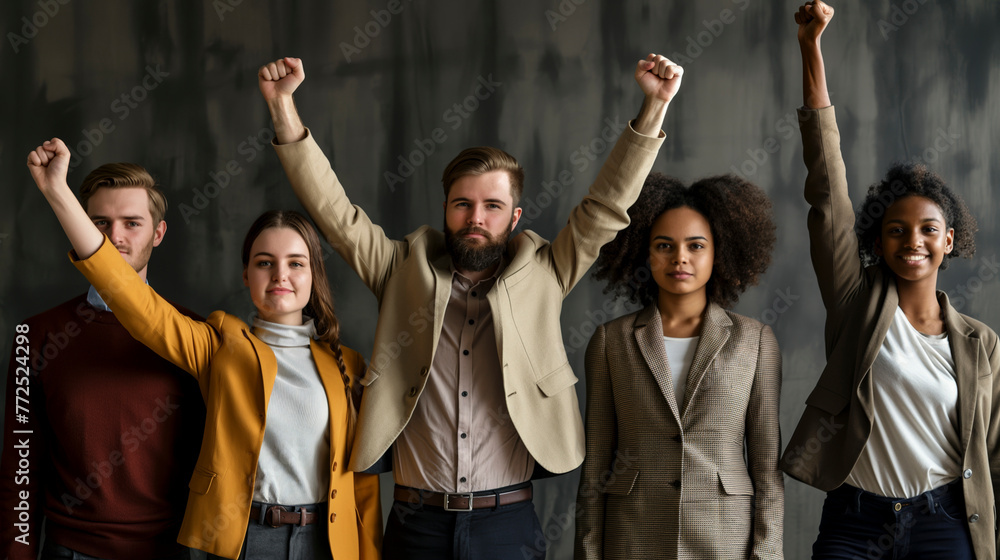Fototapeta premium Diverse group of professional young business people standing together with raised arms in a fist at office