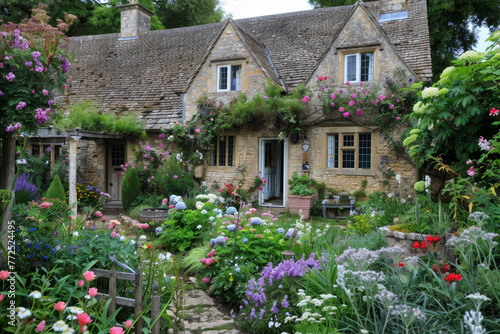 A large house with a garden full of flowers and plants photo