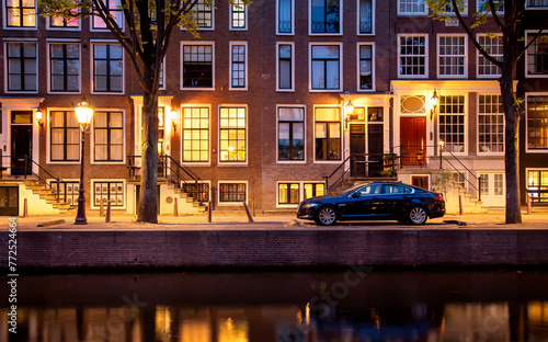 Peaceful cozy night scene in Amsterdam city centre, Jordaan district photo