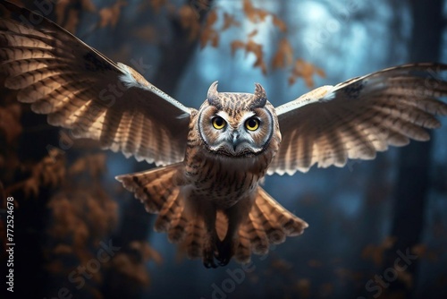  Owl in flight. Wildlife scene from wild forest. Flying bird .