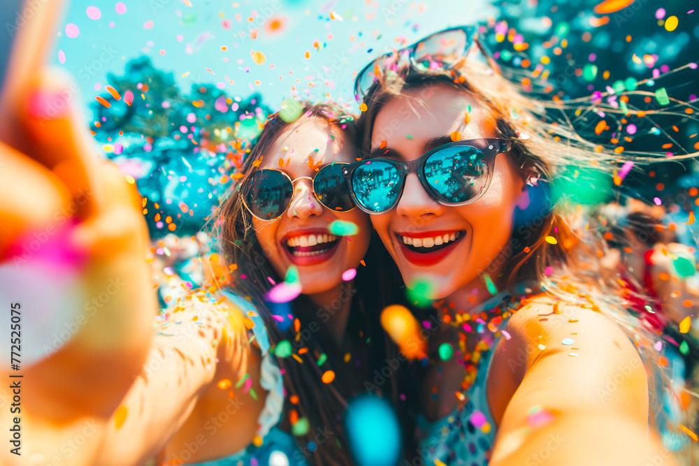 Excited girls on summer festival having fun with confetti outdoor and taking a selfie Excited girls on summer festival having fun with confetti outdoor and taking a selfie