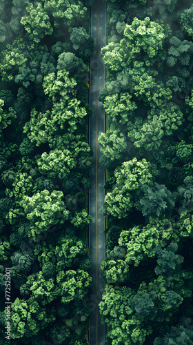Drone view of a winding highway through a lush green forest. Scenic route and nature travel concept