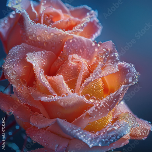 A close-up of a yellow rose bloom with glistening dewdrops on its petal, Vibrant Red Rose with Morning Dew Glistening.