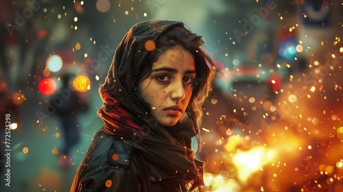 Iranian woman in protest chaos. Dark aesthetic. Scene with flames, explosions, burning cars. Woman stares at camera.