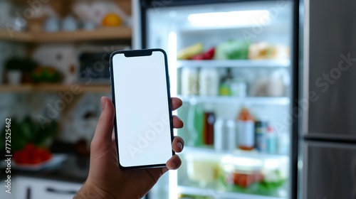 a person holding a phone in front of a refrigerator door