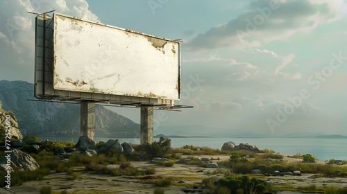 a large billboard sitting on top of a rocky hillside next to a body of water with a mountain in the background