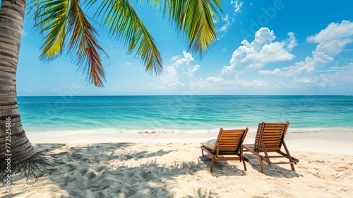two chairs sitting on a beach under a palm tree next to the ocean
