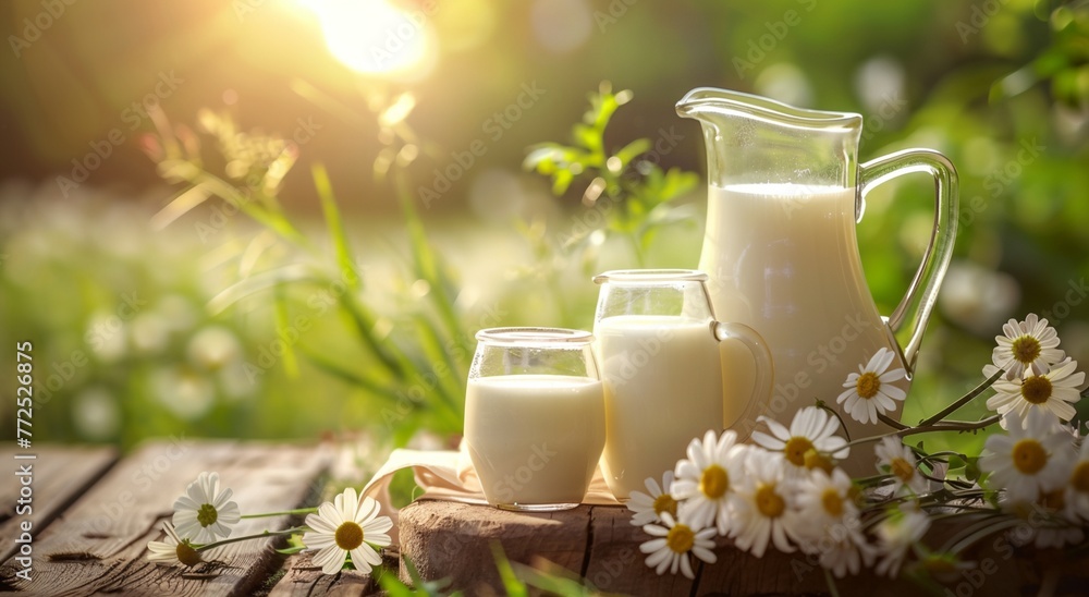A glass of milk and a pitcher in a field of flowers - obrazy, fototapety, plakaty 