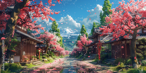 Japanese or fantasy eastern landscape. Anime Spring summer autumn art. Beautiful view small town downtown background. Digital painting. Poster, invitation, flyer, banner, header. Generative Ai content photo