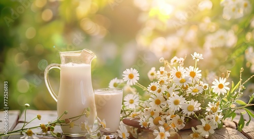 A glass of milk and a pitcher in a field of flowers