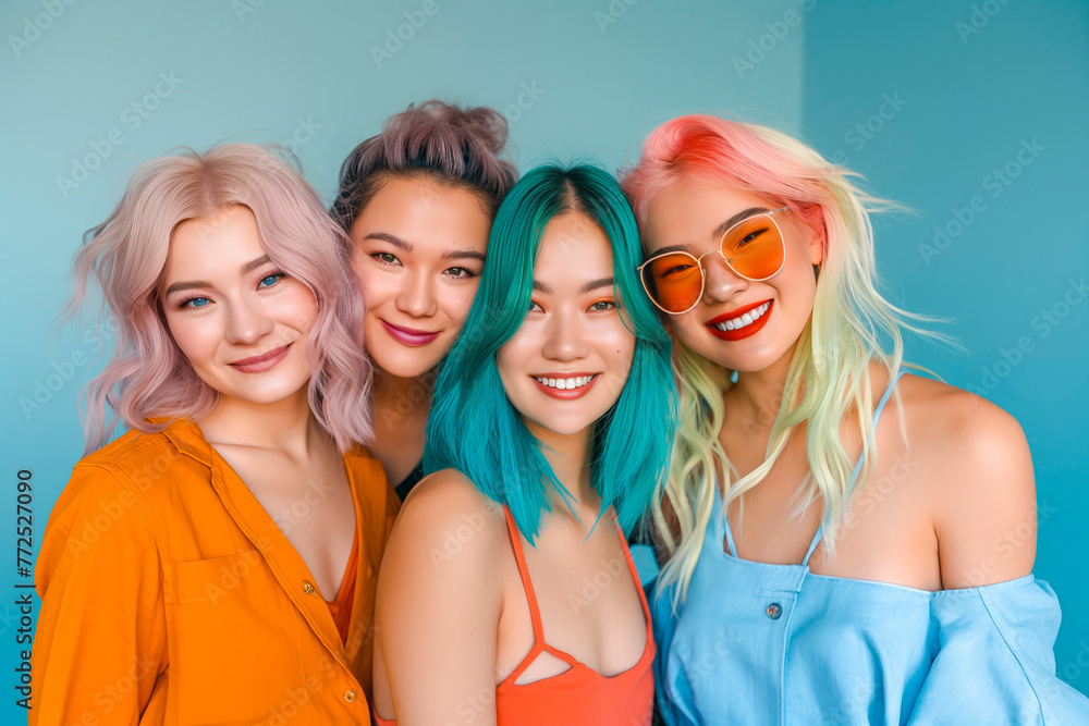 group of female fashion cloth stylish costume color hair style studio photo shoot on colored background smiling confident cheerful face expression friend group together group of female fashion cloth stylish costume color hair style studio photo shoot on colored background smiling confident cheerful face expression friend group together
