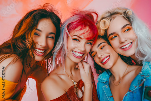 group of female fashion cloth stylish costume color hair style studio photo shoot on colored background smiling confident cheerful face expression friend group together