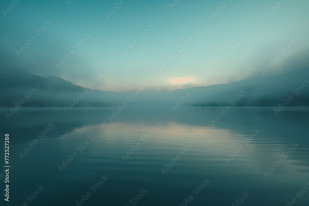 A foggy lake with a sun in the sky A foggy lake with a sun in the sky