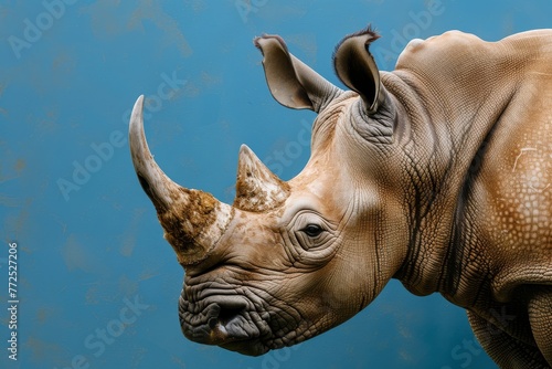 Close-up of a majestic rhino against a vibrant blue background
