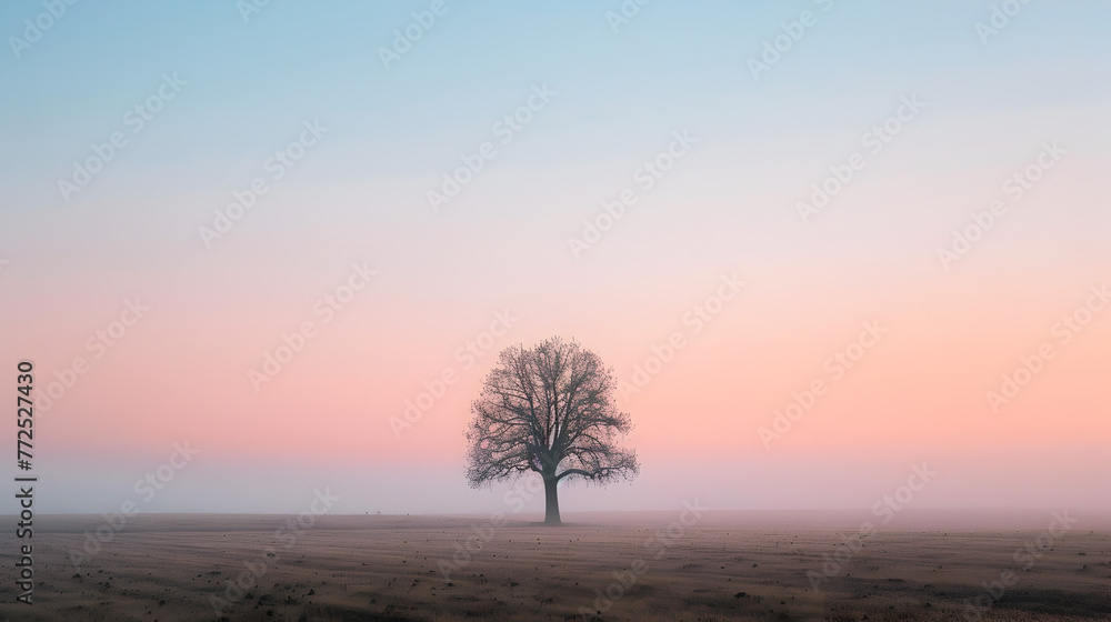 The serene ambiance of a lone tree in a fog-covered field during a misty morning dawn