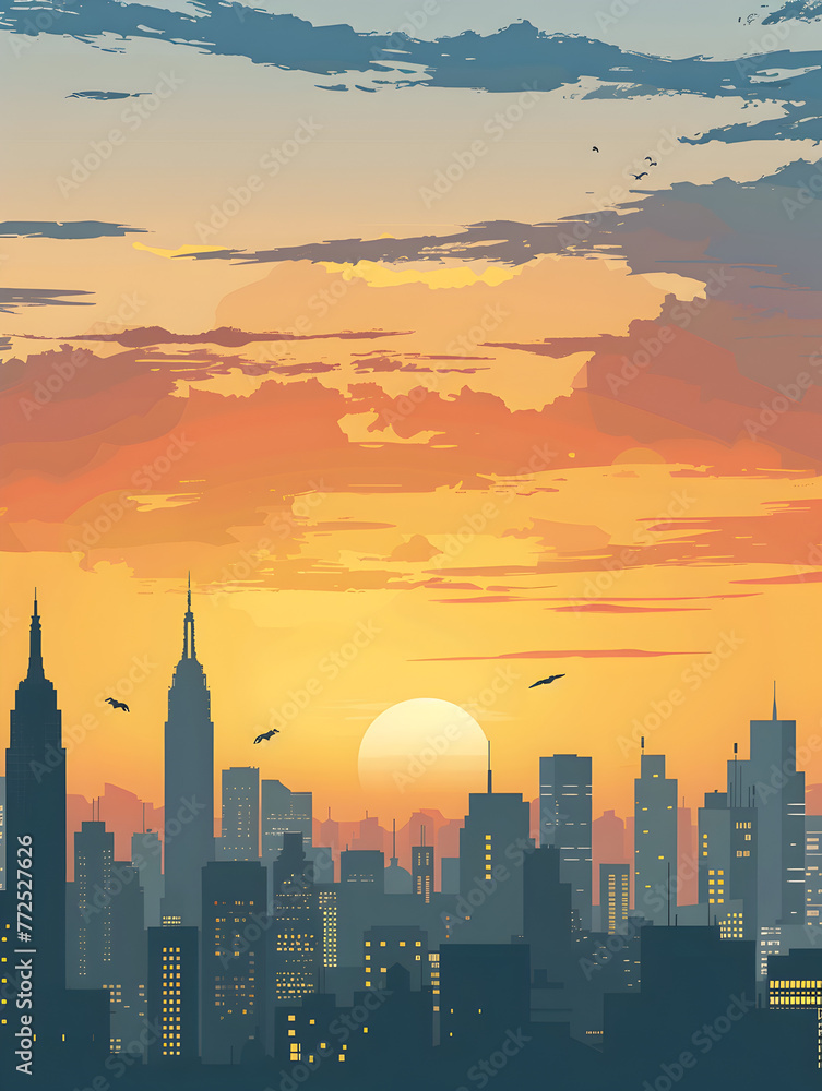 A stylized depiction of a city skyline basked in the warm glow of sunrise, with silhouettes of buildings