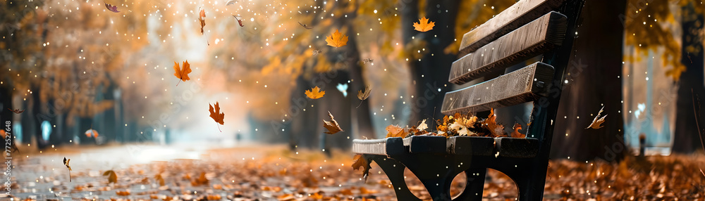 An evocative autumn park scene with leaves falling around an empty bench amidst falling leaves