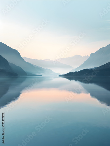 An ethereal landscape portraying a tranquil lake with soft light illuminating the distant mountains at twilight © tracy