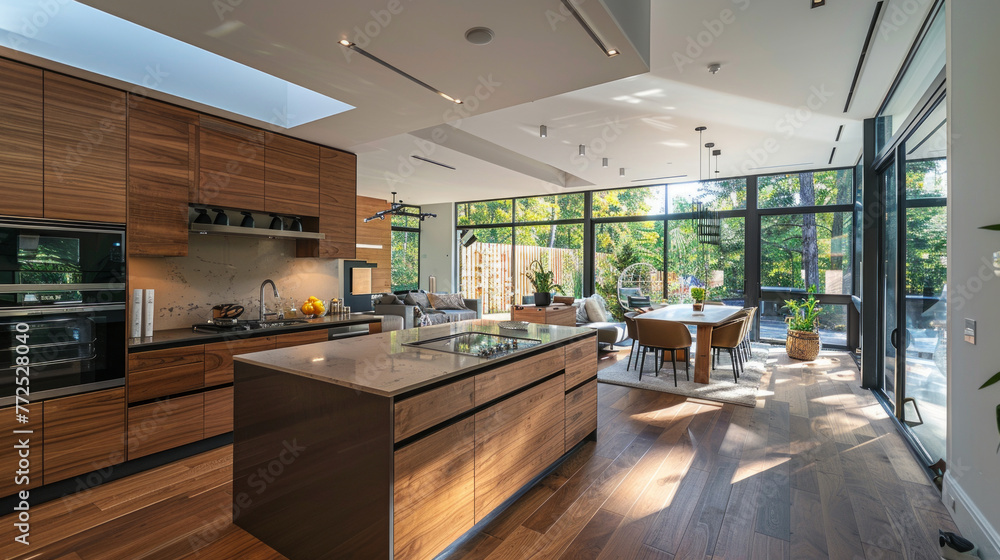 Modern minimalist interior design of kitchen with island. Interior design. Contemporary, sleek, elegant and modern. Modern minimalist interior design of kitchen with island. Interior design. Contemporary, sleek, elegant and modern.