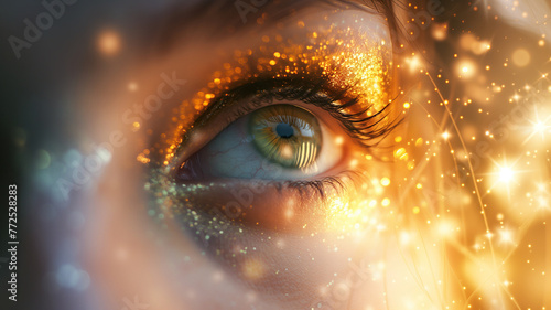 Closeup on a girl's eye with glitter and yellow bokeh effect