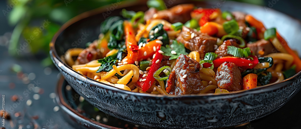 japchae, Stir fry noodles with pork and vegetable in black plate, copy space, korean food, restaurant advertising japchae, Stir fry noodles with pork and vegetable in black plate, copy space, korean food, restaurant advertising
