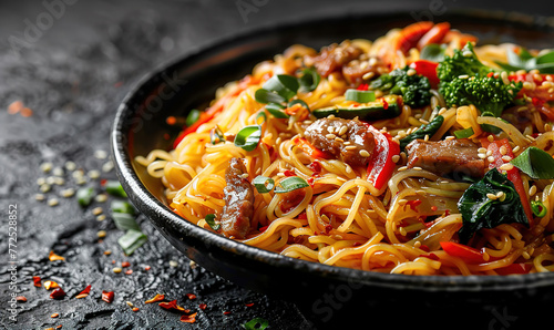 japchae, Stir fry noodles with pork and vegetable in black plate, copy space, korean food, restaurant advertising 