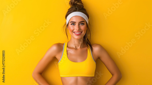 Portrait of a beautiful athletic girl smiling on a yellow background