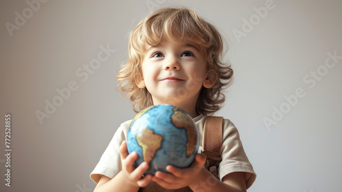 Portrait of a beautiful baby holding the planet earth