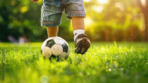 Little boy in shorts and trainers with his foot resting on top of a soccer ball on green grass with copyspace